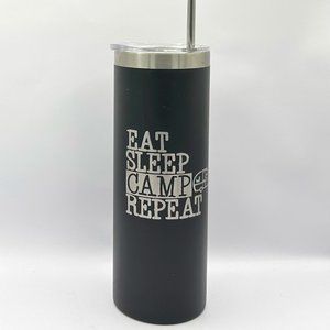 Eat Sleep Camp Repeat engraved black 20 ounce skinny tumbler, engraved tumbler